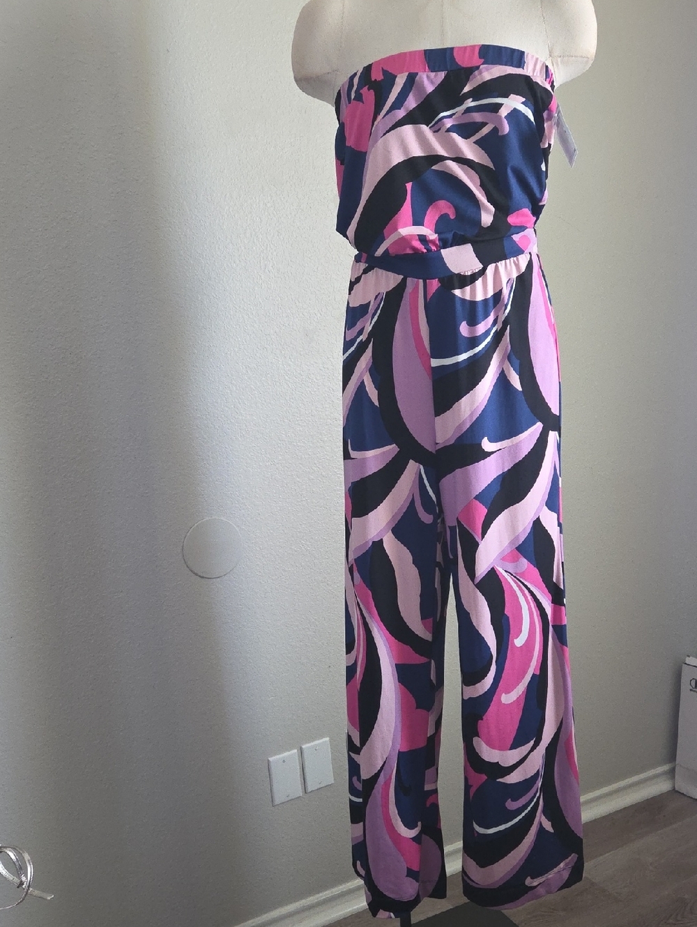 Trina Turk Multicolor Strapless Wide-Leg Jumpsuit in Navy, Pink & Lilac- Size M
